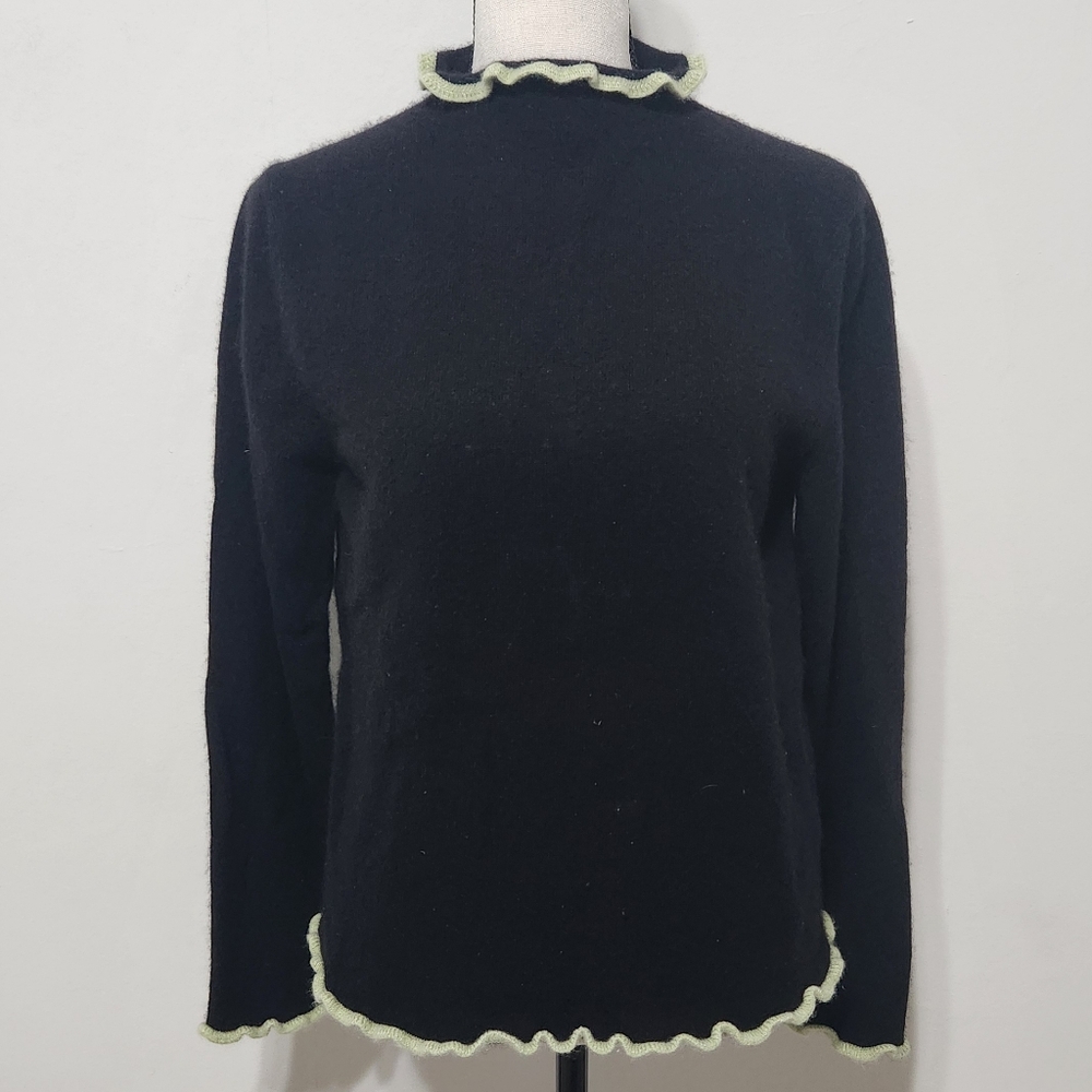 AT Made in Italy Y2K Black Cashmere Sweater Lime Green Lettuce Ruffle trim M
